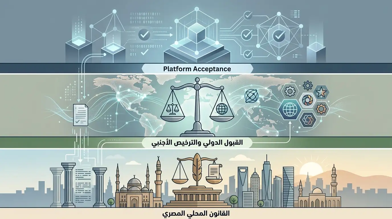 رسم توضيحي يفرق بين قبول المنصة والترخيص المحلي والقانون المحلي في مصر